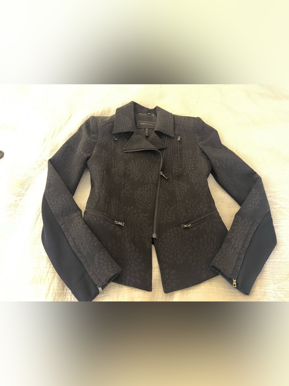 BCBGMAXAZRIA Black Textured Moto Jacket XS Asymmetrical Zip
